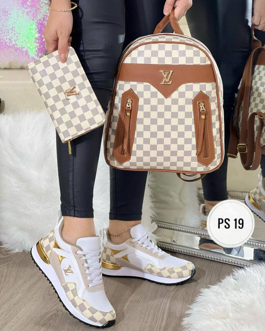 White & brown Lv Backpack set