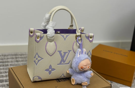 White & Purple Lv tote w labubu