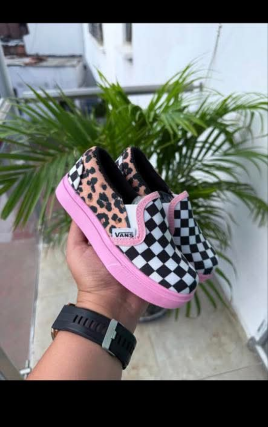 Womens checkered/cheetah/baby pink vans