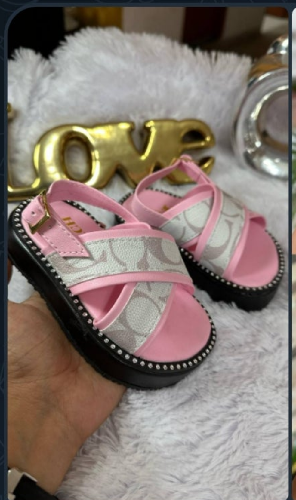 Kids pink/tan coach sandals