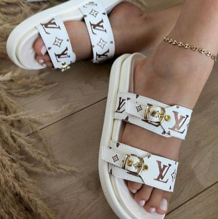 Gold & White LV Slides