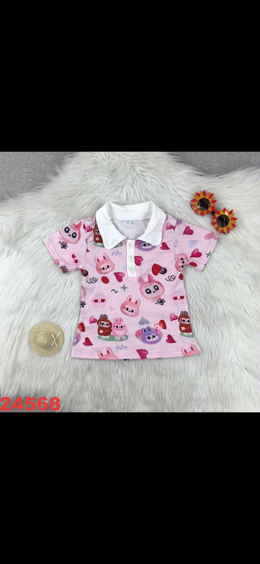 Girls Pink collar labubu shirt